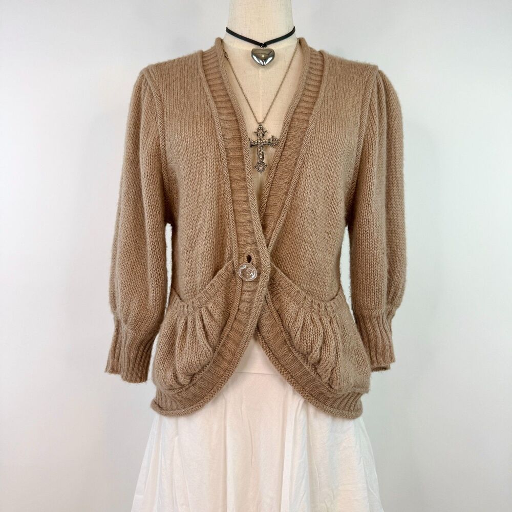Tan Knit Button Up Whimsy Fairy Cardigan 3/4 Sleeves Preppy Y2K Size M